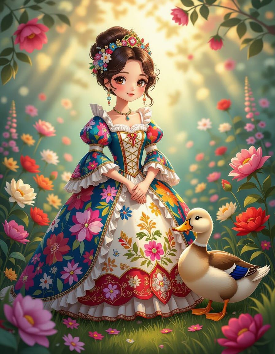 Ant Portrait in Ornate Dress with Duck, Fantasy Acrylic Art