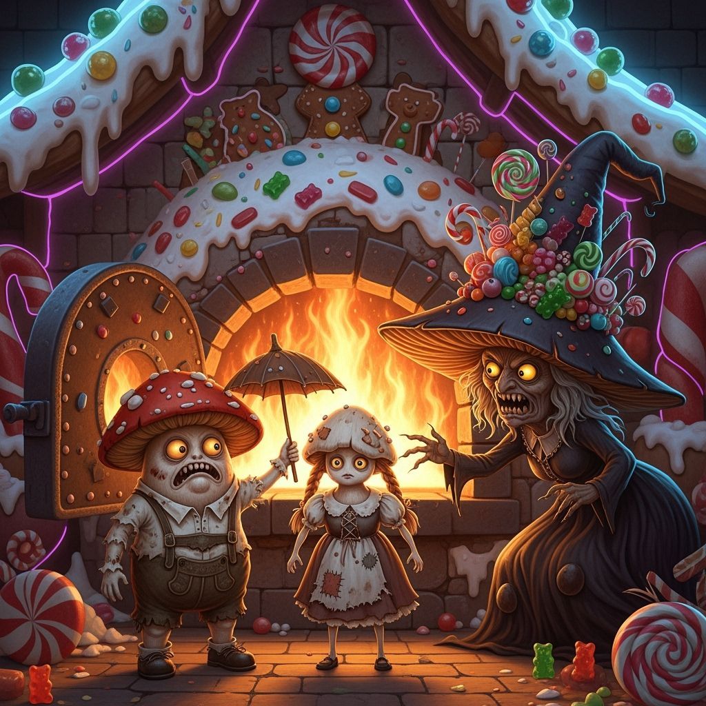 Hansel and Gretel Confront Mushroom Witch in Candy House