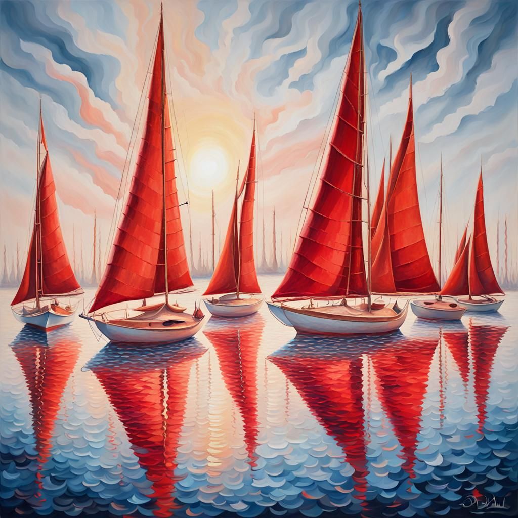 Red Sailboats in Shimmering Water: Pointillist Fantasy