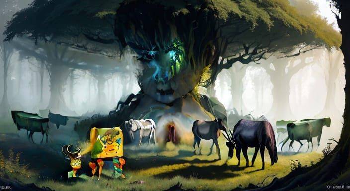 Alien Herd Grazing in Twisted Fantasy Landscape