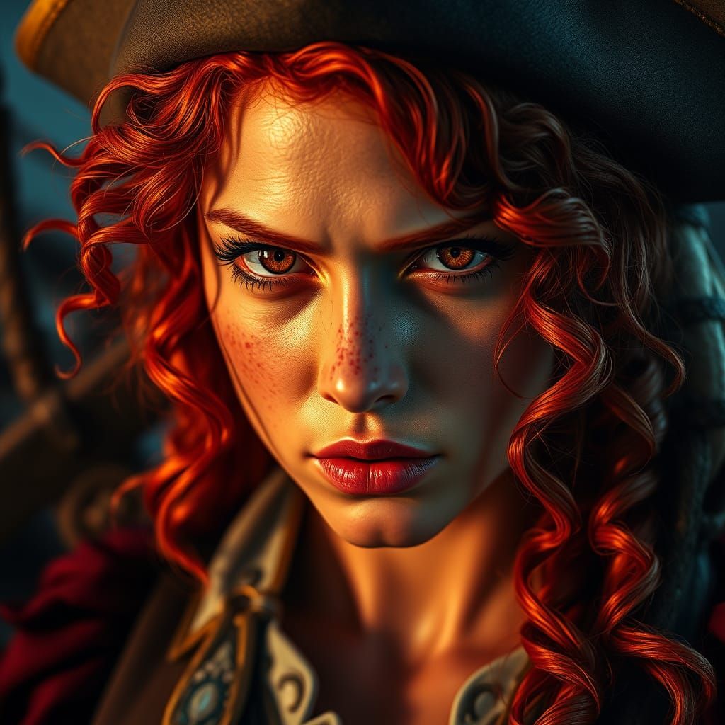 Vibrant Pirate Girl with Red Hair and Golden Eyes