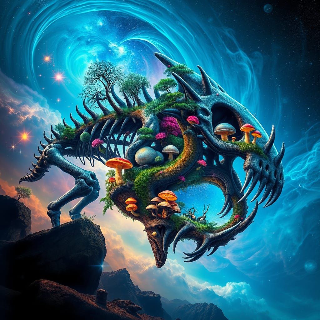 Surreal Dreamscape in Ancient Beast Skeleton