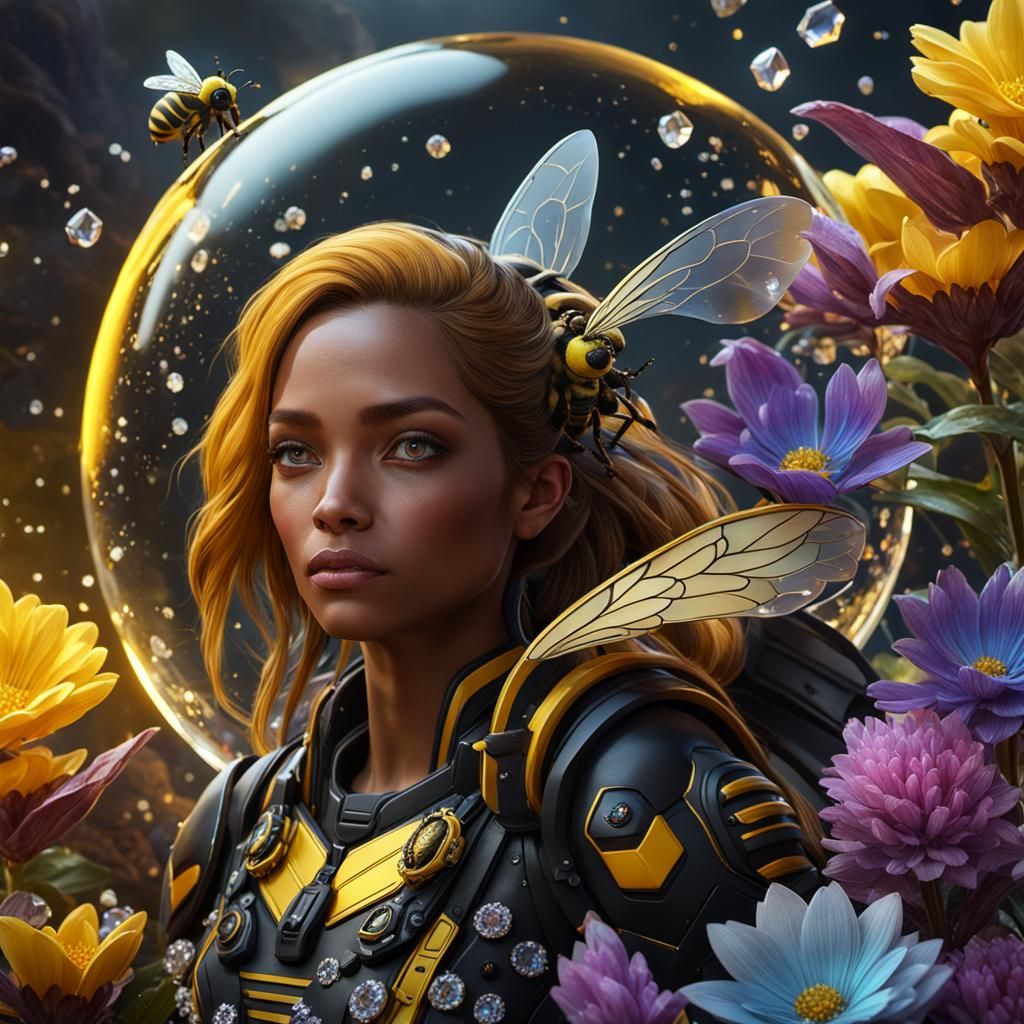Crystal Bee with Exotic Flower, Digital Art