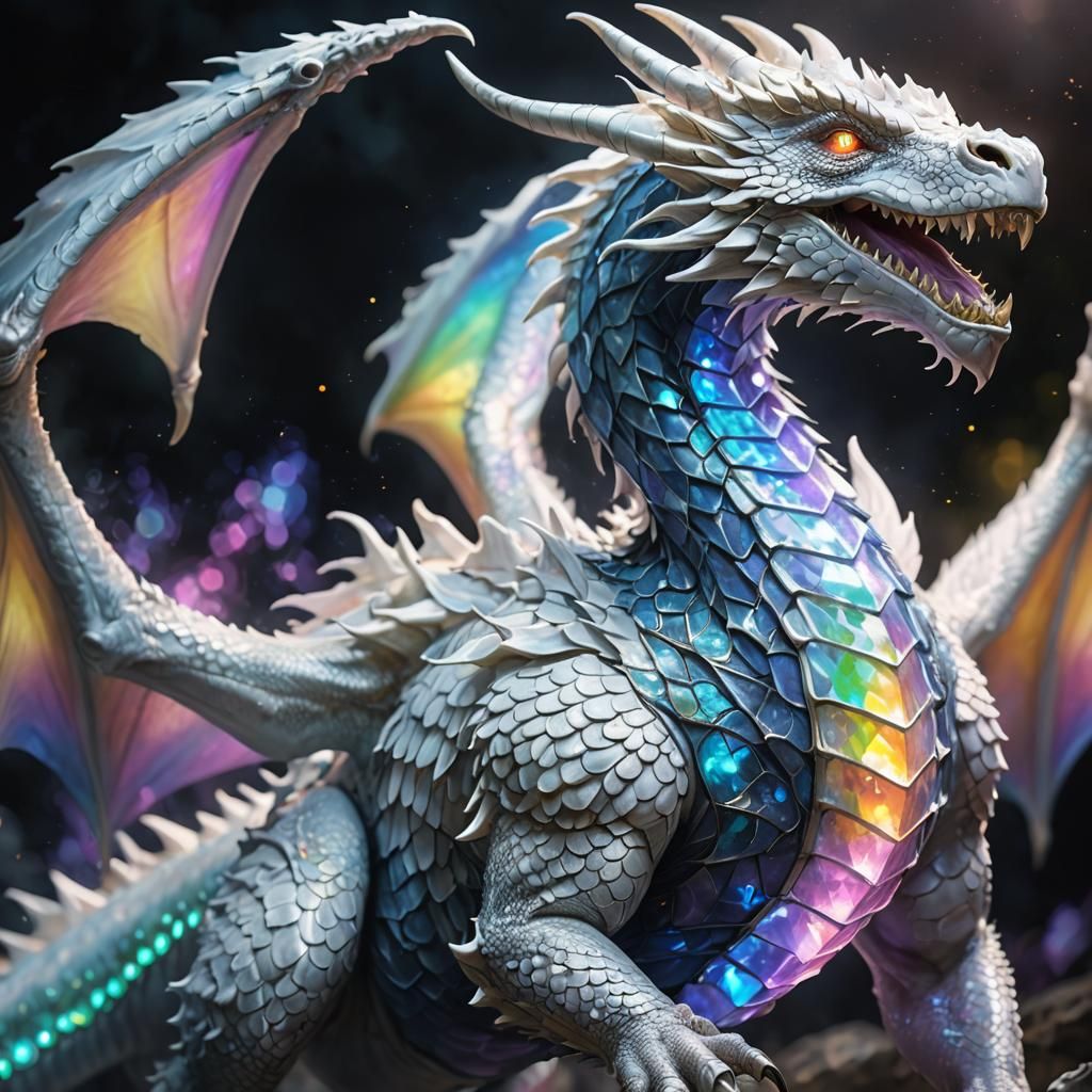 White Dragon with Glowing Sapphire Belly, Dreamlike Art