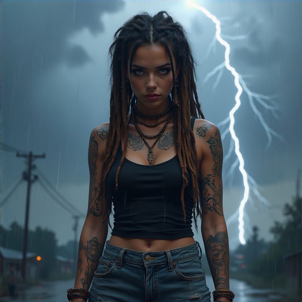 Ultra realistic image of a stunning Caucasian female with long beaded dreadlocks cascading down her shoulders. She is we...