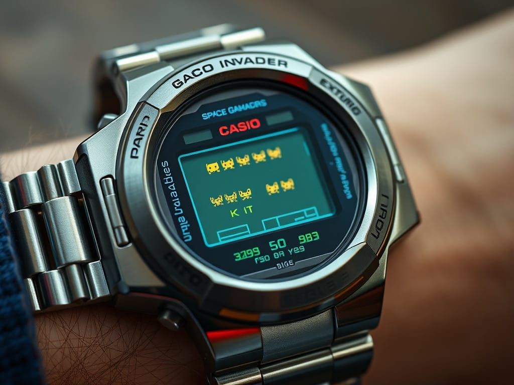 Retro Gaming Watch Plays Space Invaders on a Large LCD Scree...