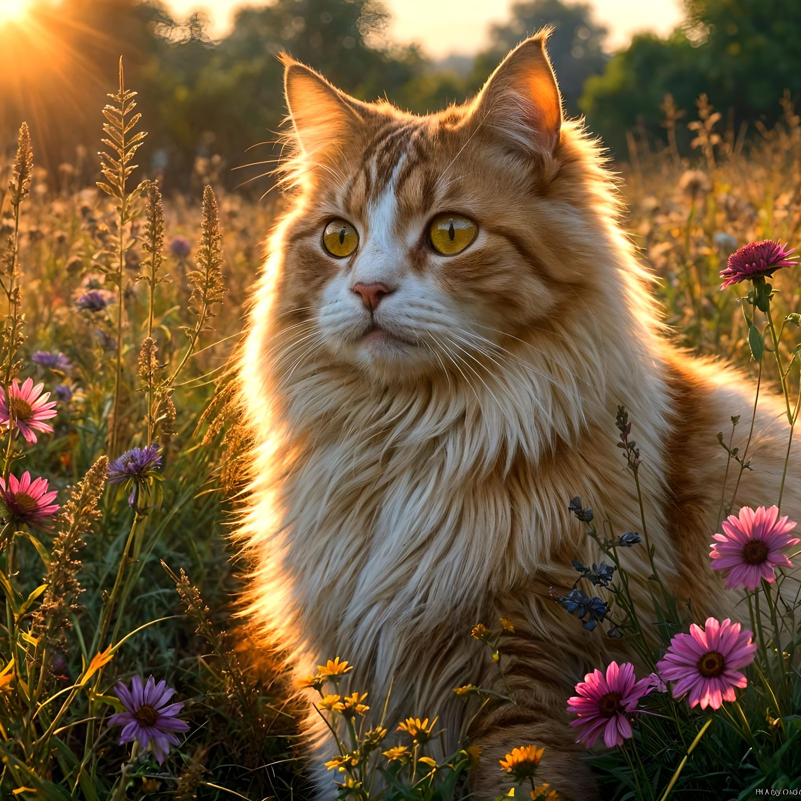 Kind Cat in Sunset Field: Warm, Happy Portrait