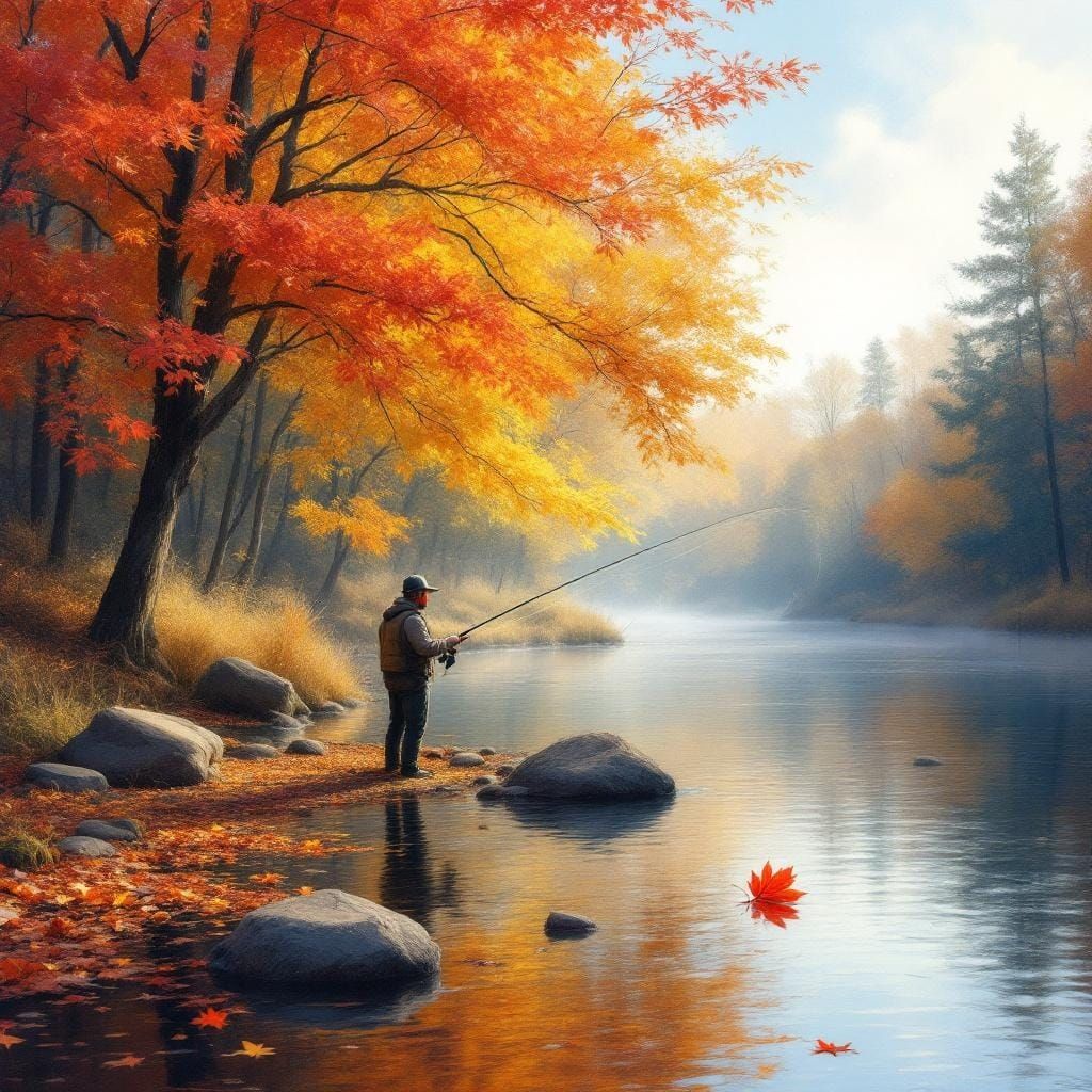 Fly Fishing in Autumn: Gouache and Watercolor River Scene