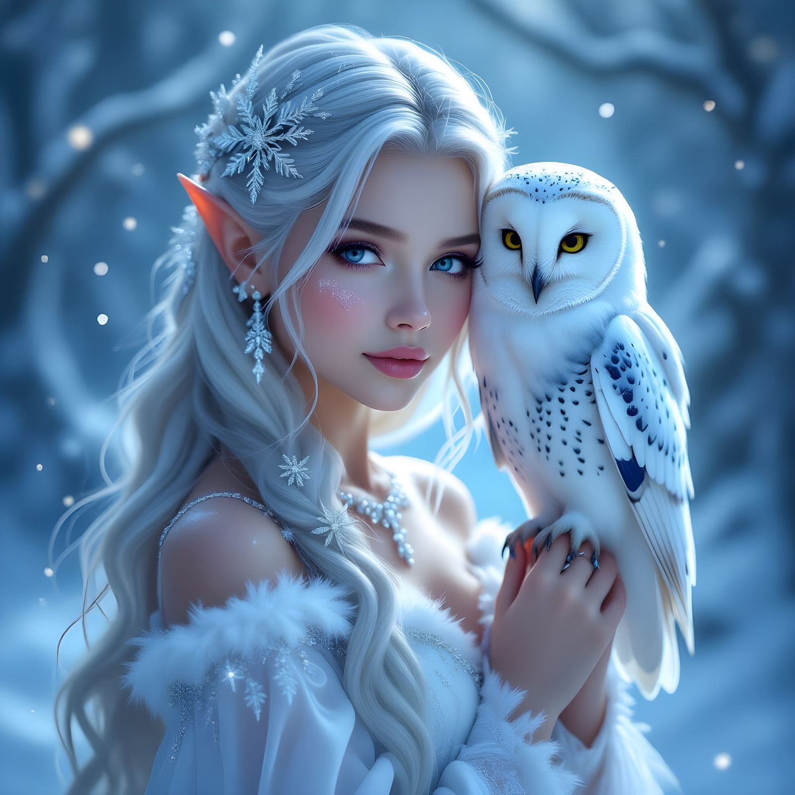 Enchanting Elf Girl with Sparkling Snowy Owl
