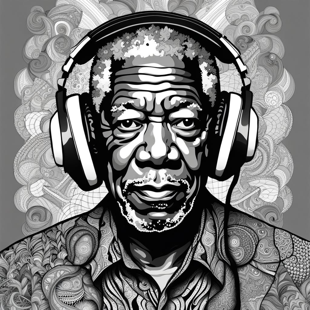 Intricate Zentangle of Morgan Freeman with Headphones