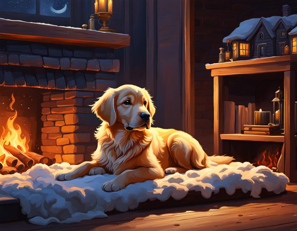 Cozy Winter Home with Golden Retriever Puppy