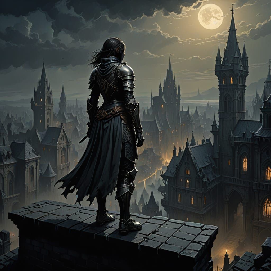 Dark Knight Vigil in Gothic City Ruins