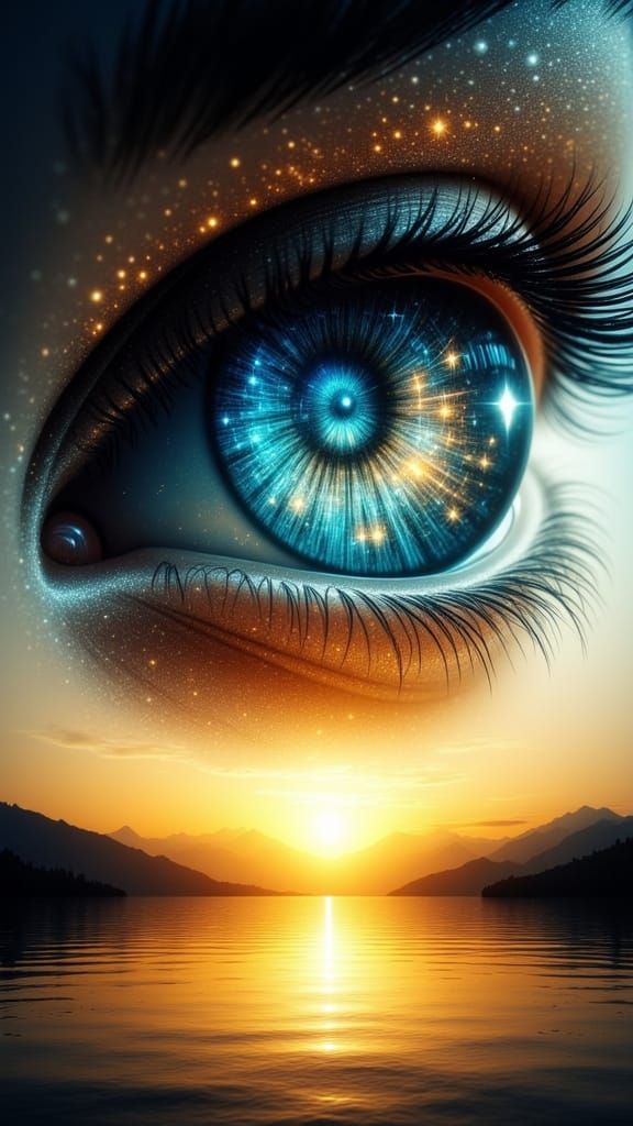 Human Eye Reflecting a Golden Sunset Over Water