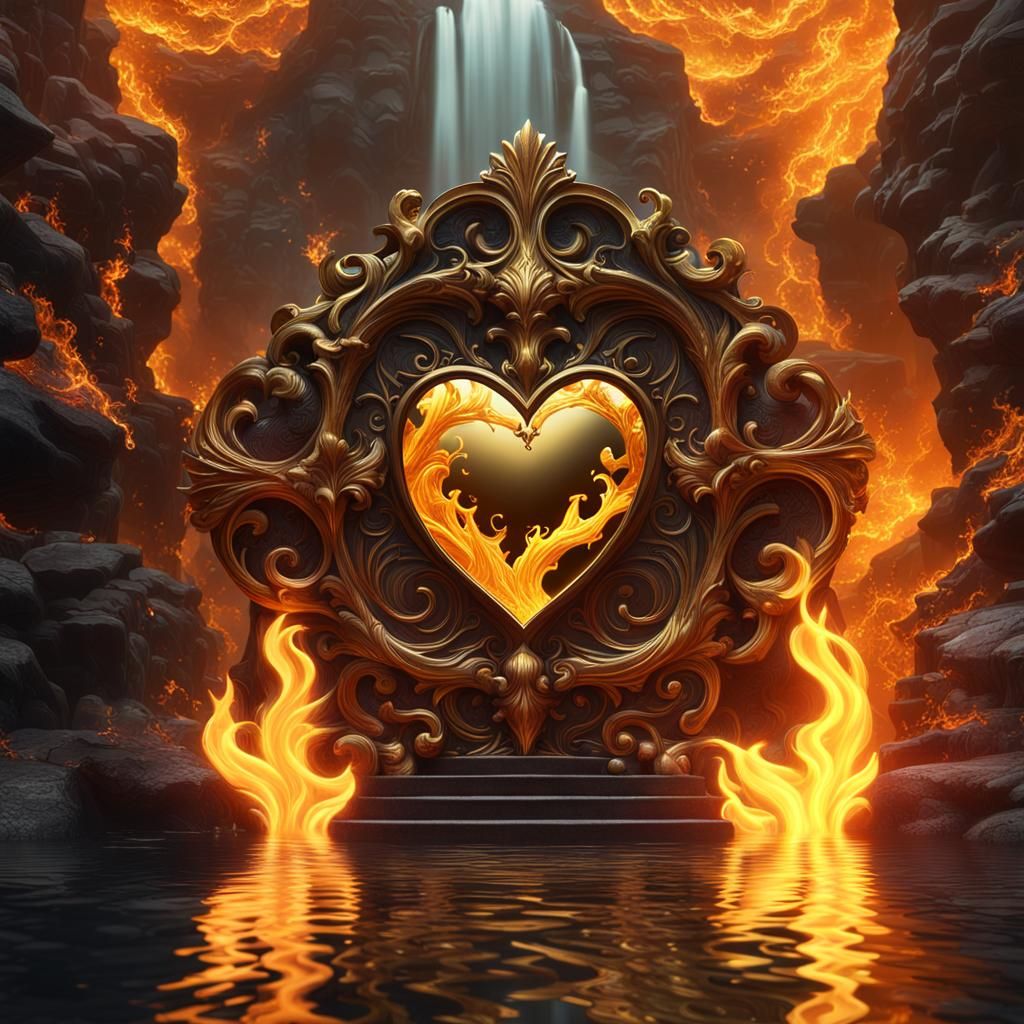 Hearts Ablaze: Golden Waterfall in 3D Illusion