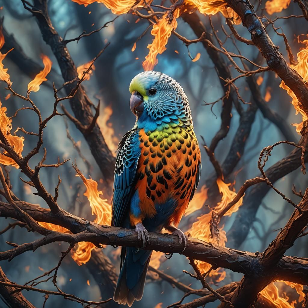 Fiery Budgie Perched on a Burning Branch
