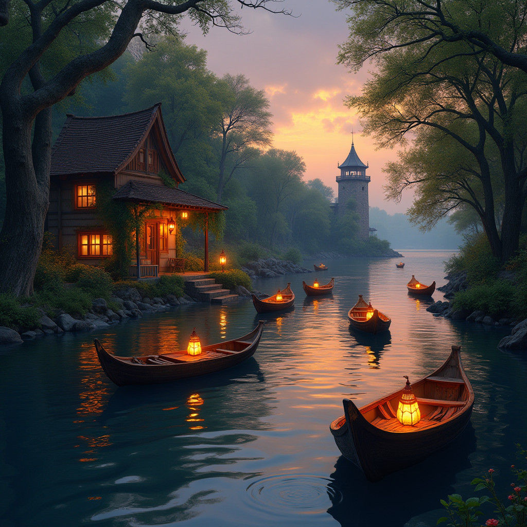 Riverside Scene at Dusk with Lantern Boats