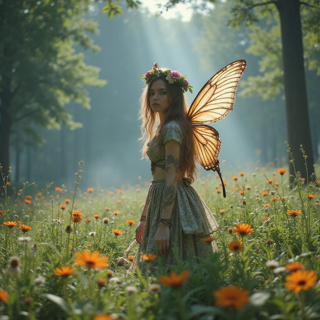 Nymph in Hazy Meadow: A Matte Painting