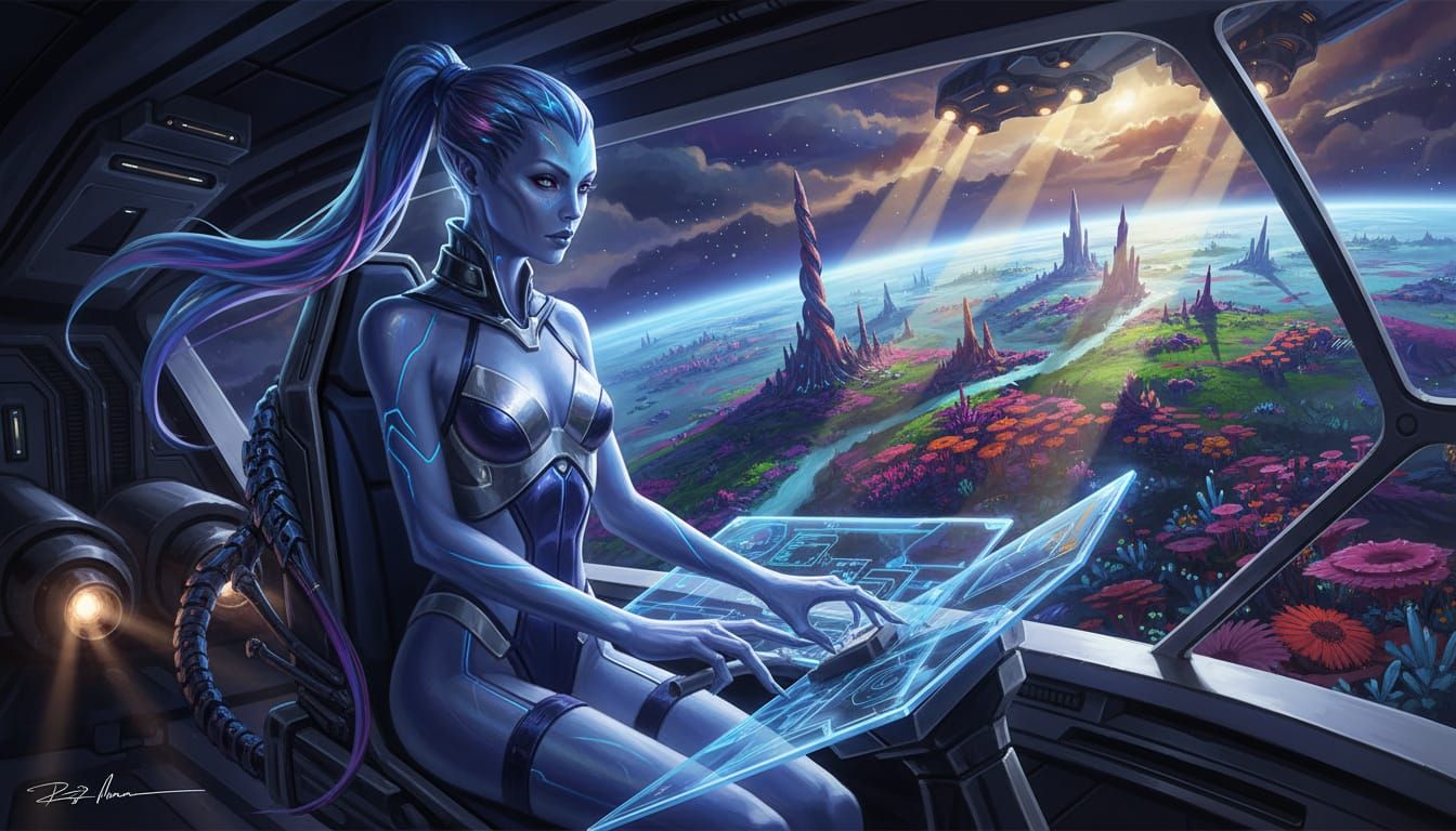 Sleek Alien Pilot Navigates Spaceship to Exotic Planet