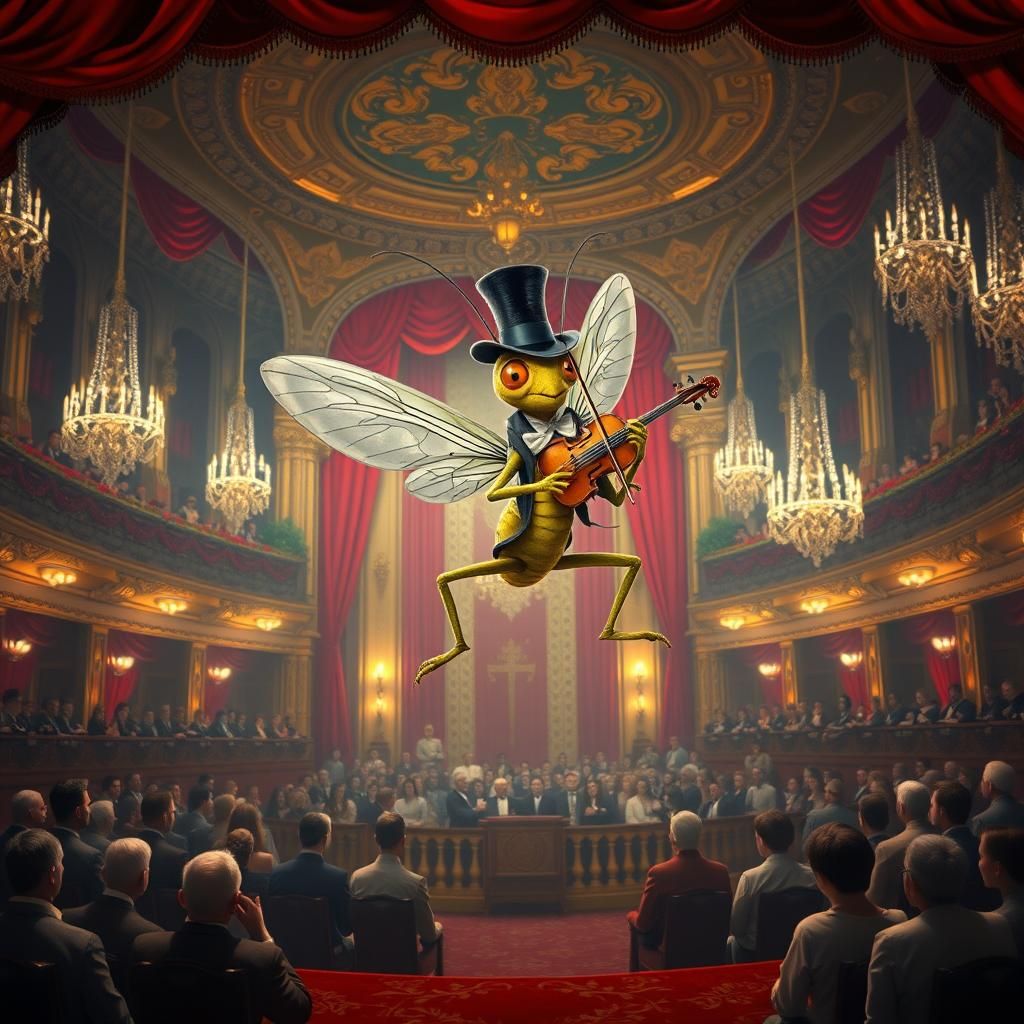 Cricket Violinist's Theatrical Leap: Art Nouveau Style