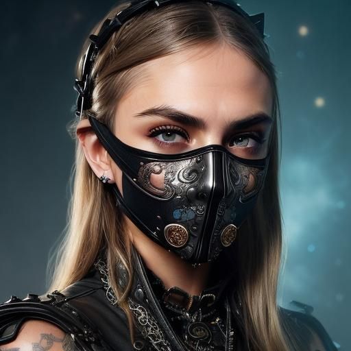 Masked Woman with Steampunk Necklace in Starry Sky