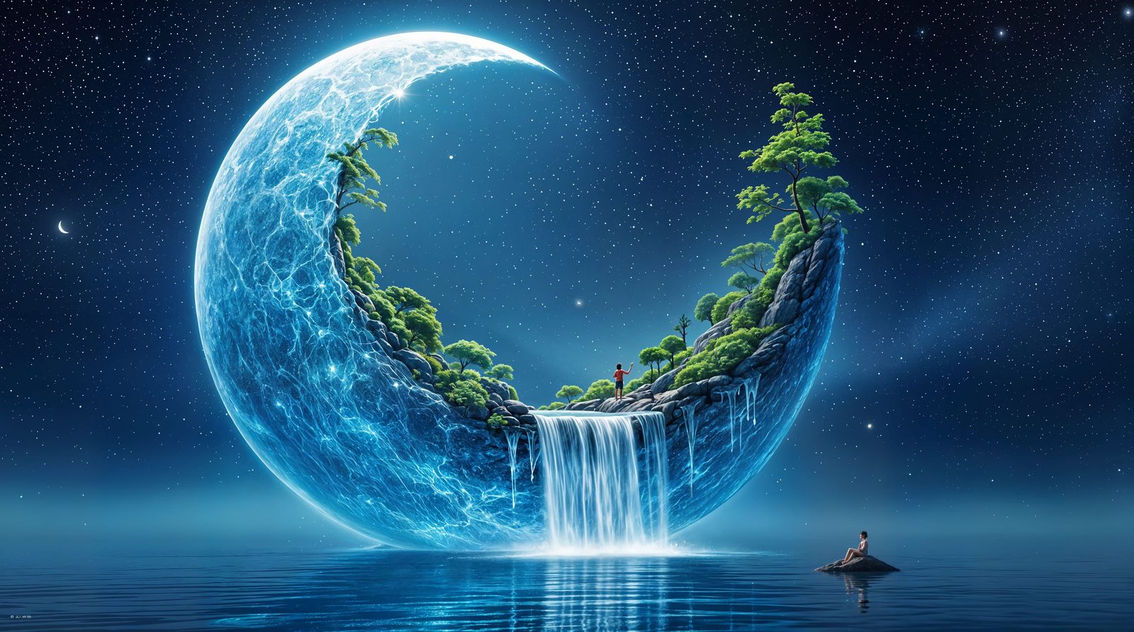 Surreal Waterworld Oasis in Celestial Expanse