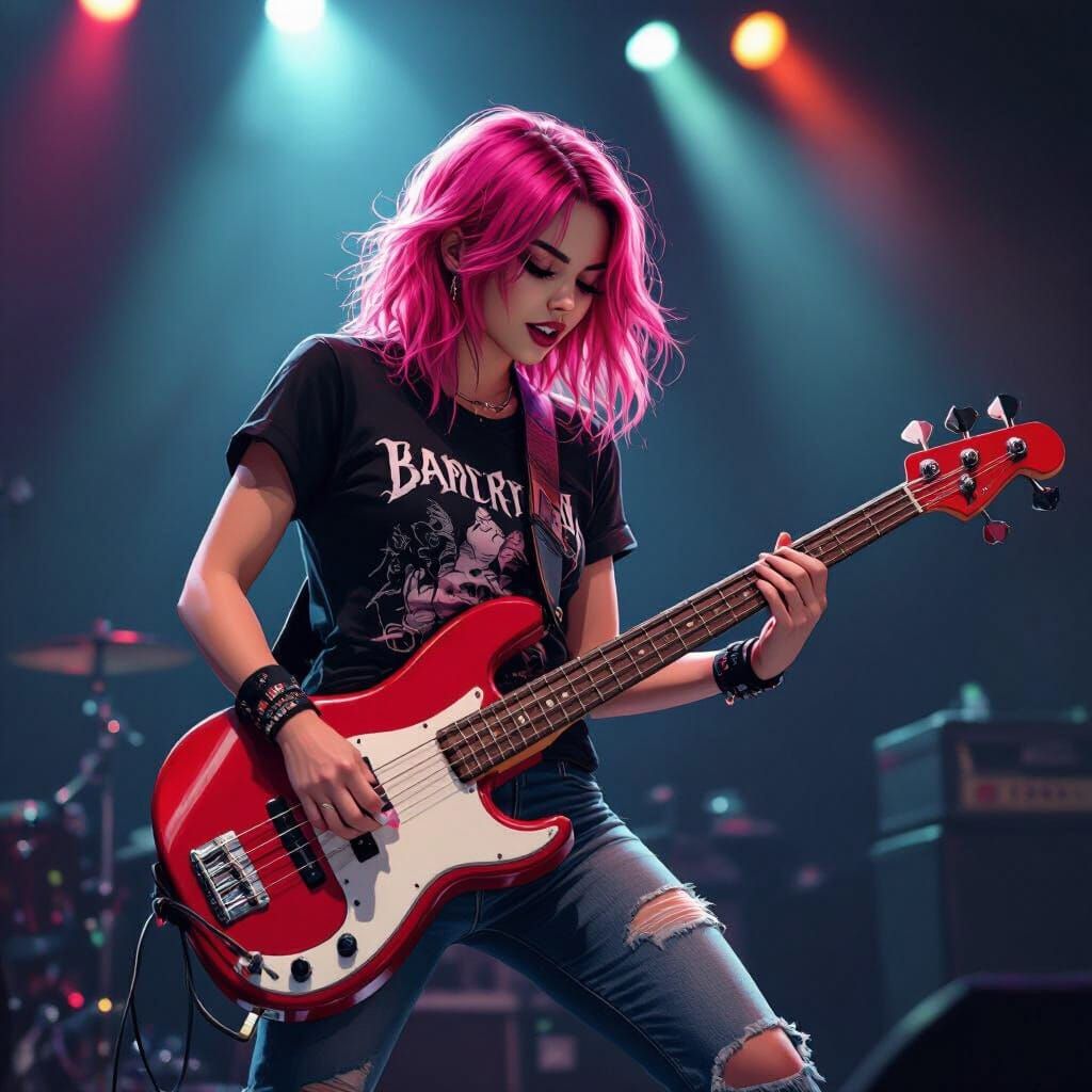 Pink-Haired Woman Rocks Red Bass Guitar On Stage