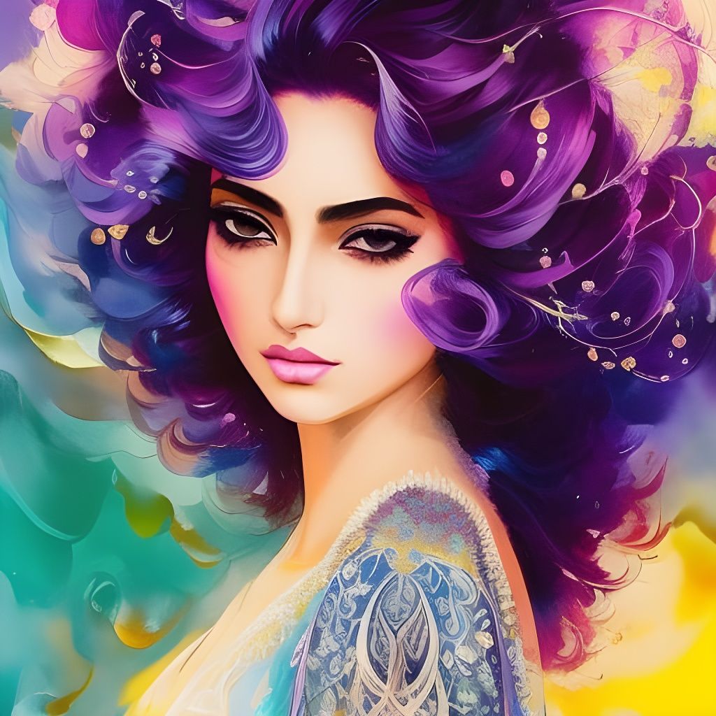Purple Haired Kurdish Girl: Gouache and Watercolor