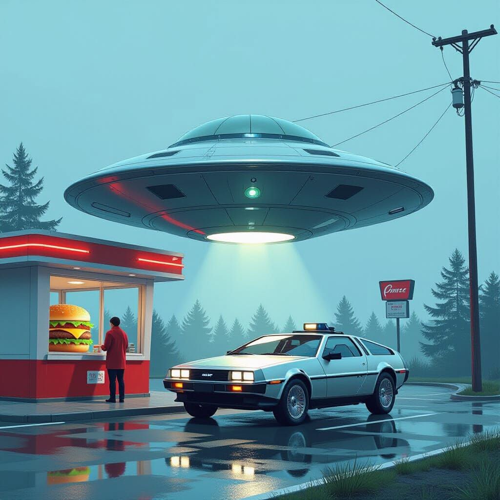 UFO Orders Cheeseburger: Surreal Comic Book Style