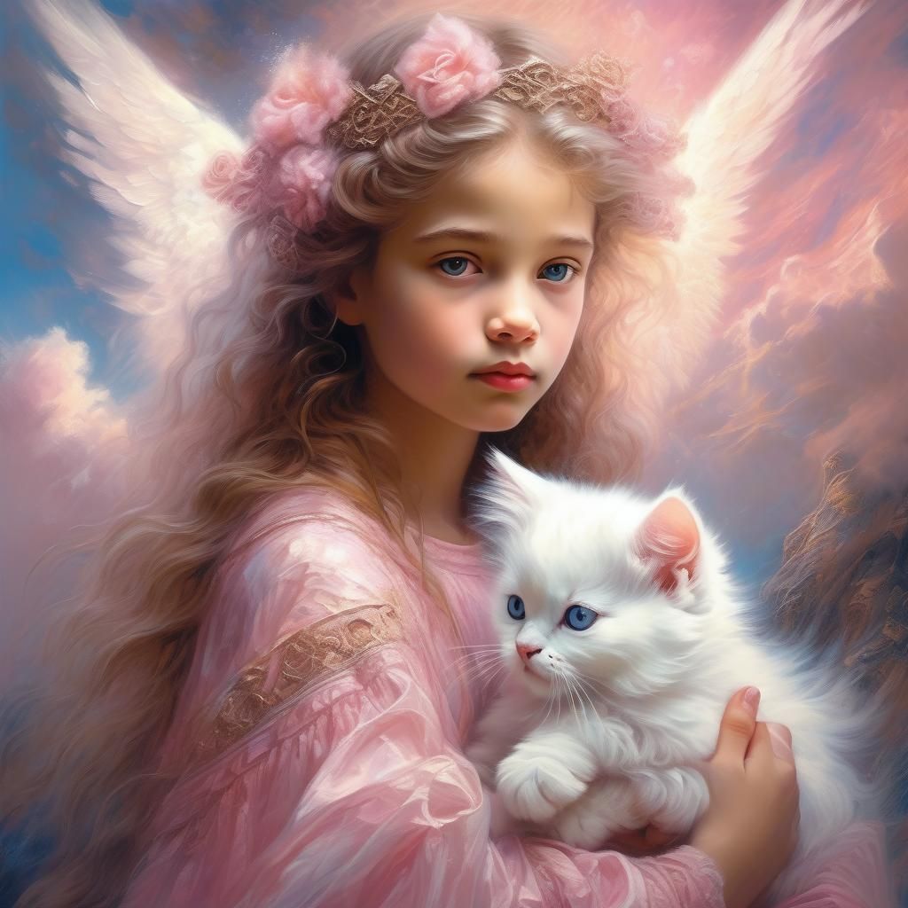 Ethereal Angel with Kitten in Dreamlike Setting
