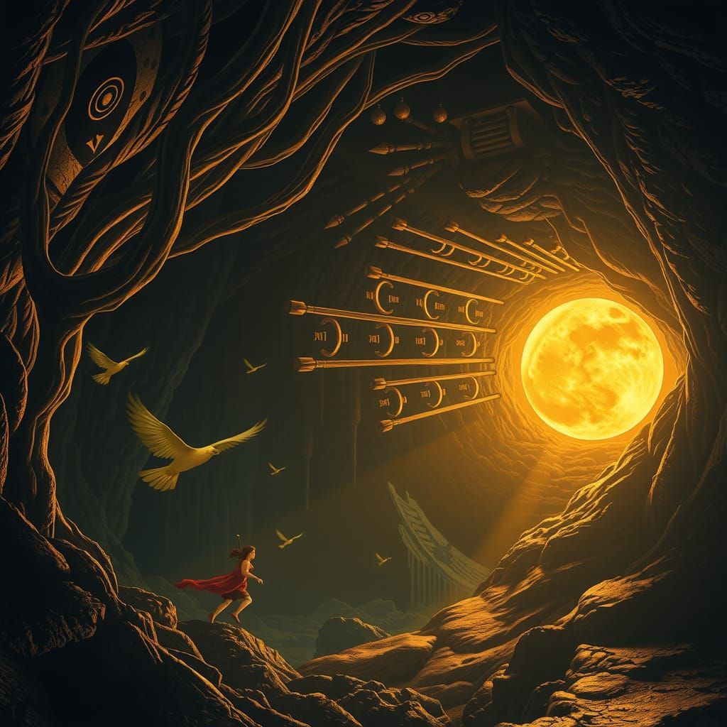 Cursed Cryptic Echoes,  Golden Sanscrit runes floating out C...