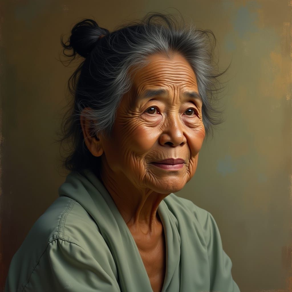 Warm Portrait of an Elderly Indonesian Woman in the Style of...