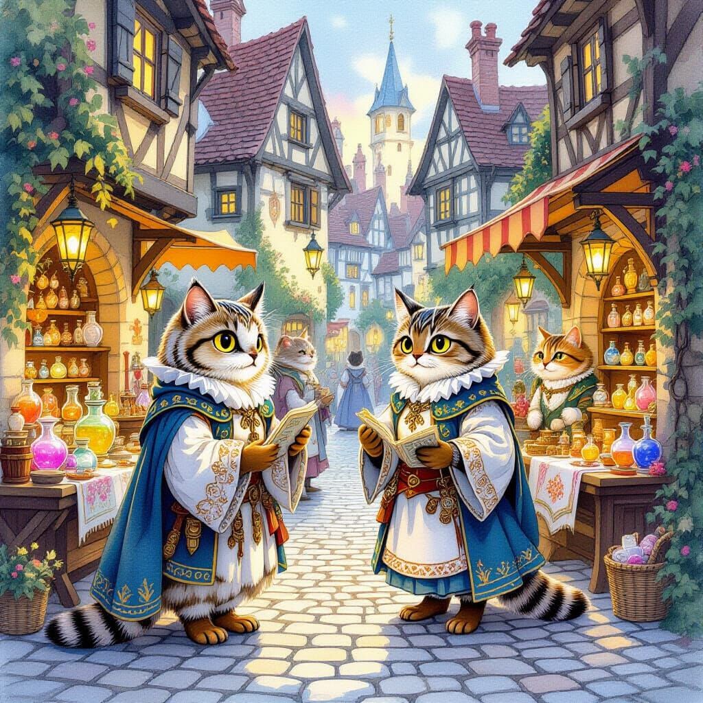 Medieval Owl and Cat Market in Watercolor Style