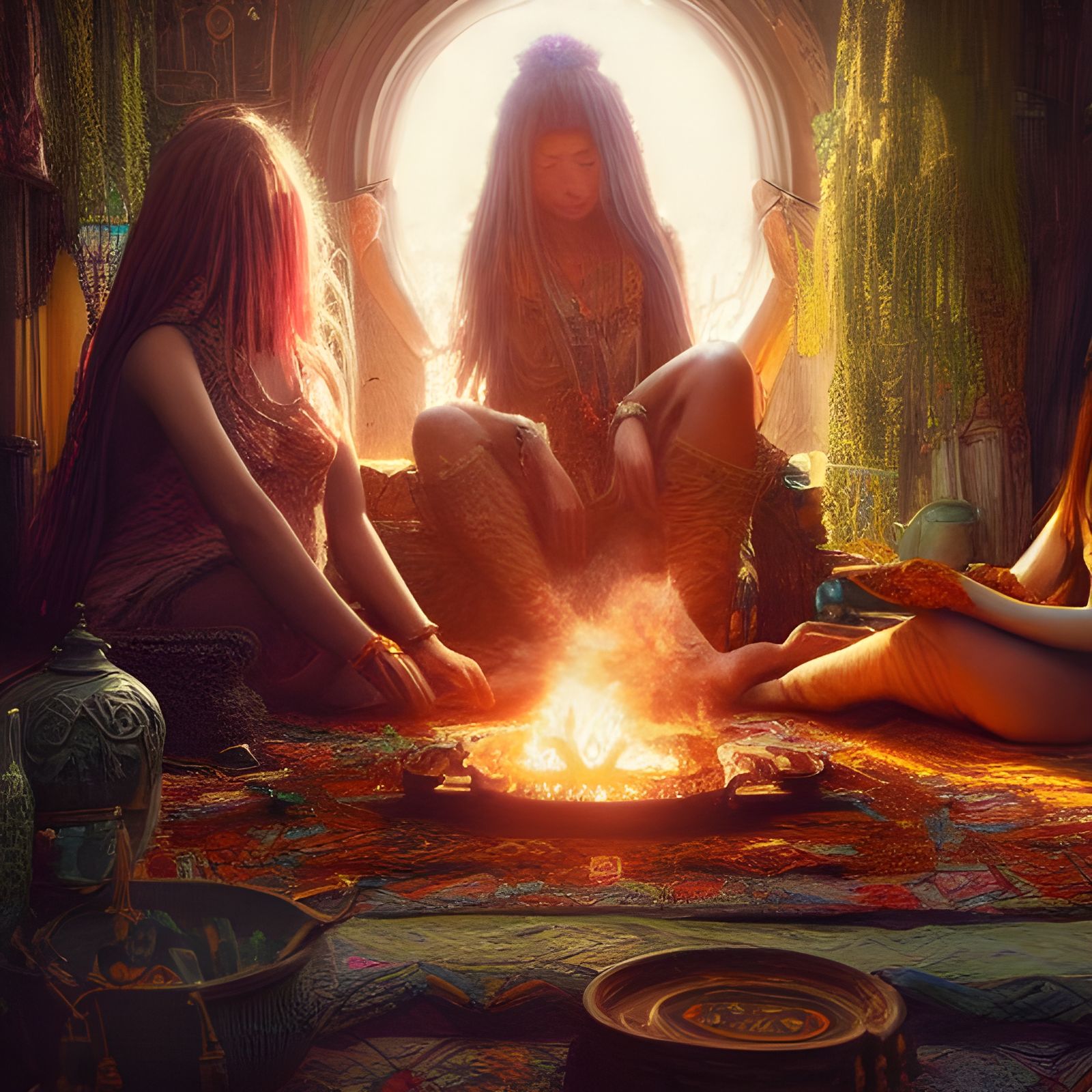 Hippy Women Around Sacred Fire: Fantasy Art