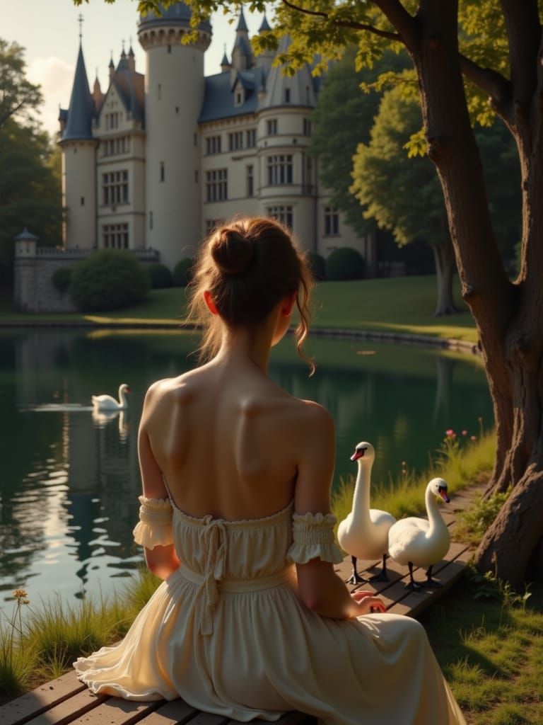 Woman by Pond with Swan and Castle at Golden Hour