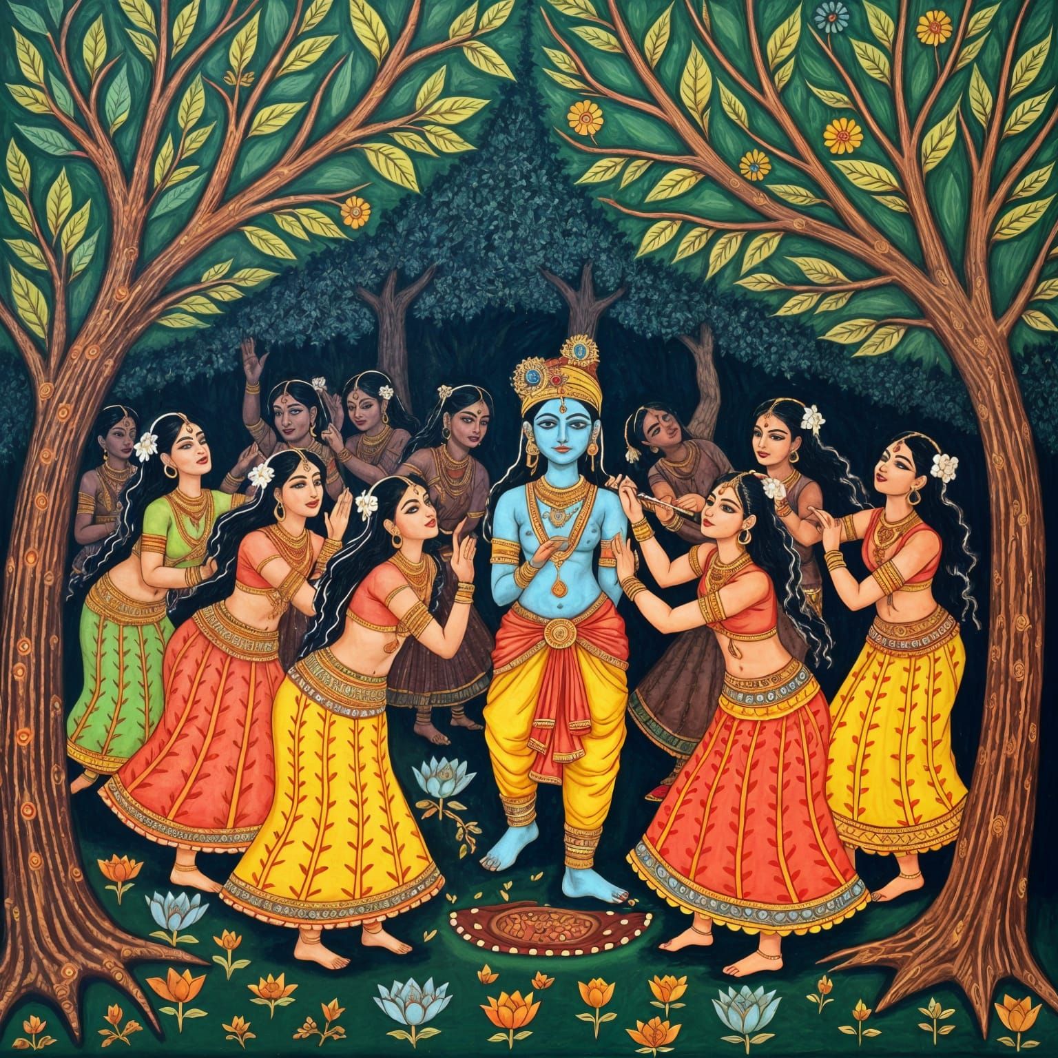 Vibrant Madhubani Art of Shri Krishna in Raas Leela