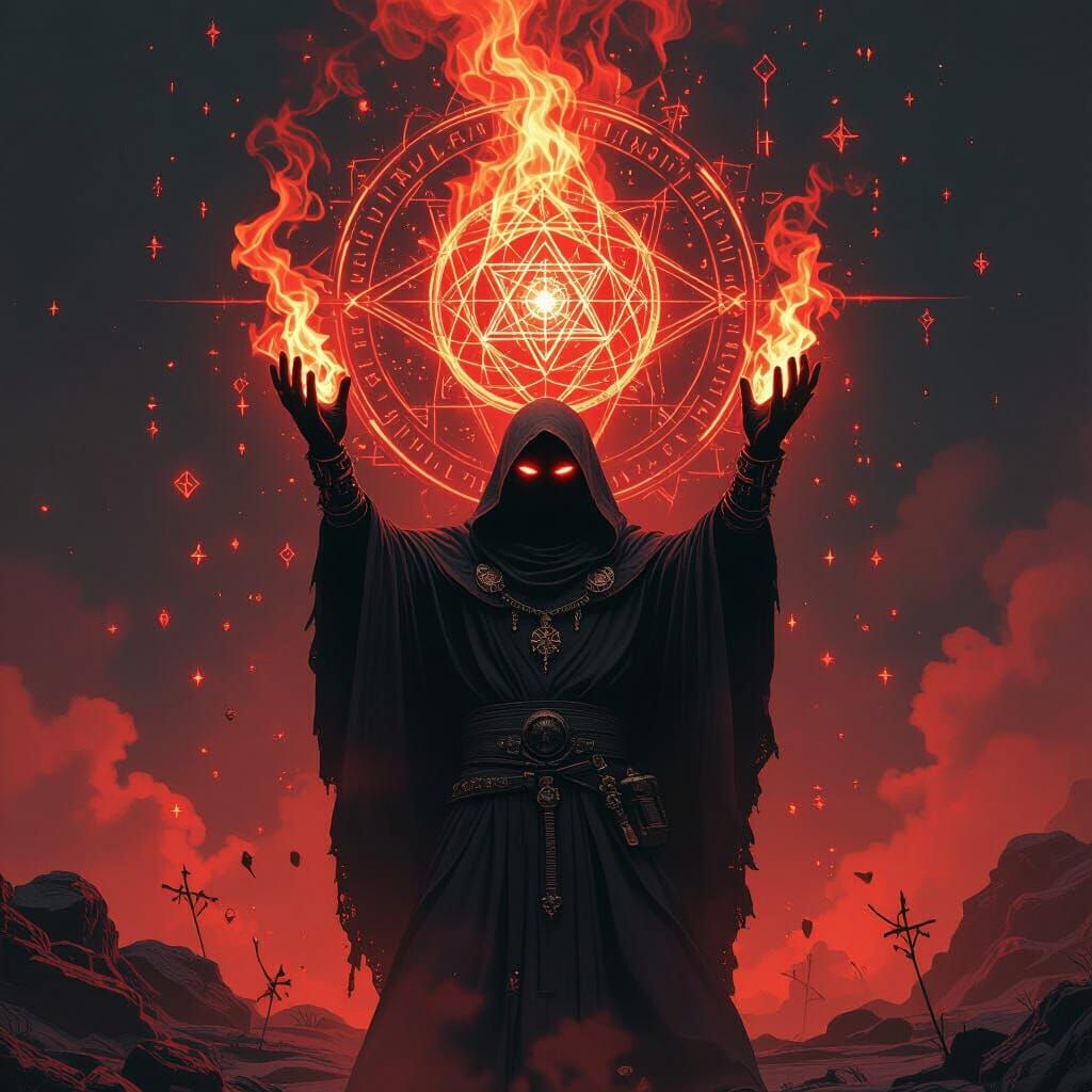 Sinister Alchemist Summons Tribal Fractals in Crimson Glow