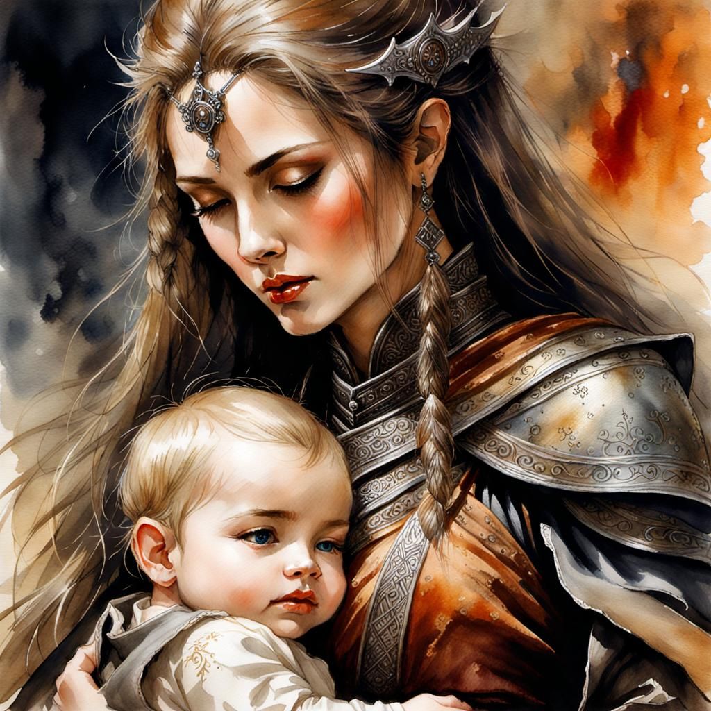 Medieval Mother and Toddler in Detailed Watercolor Art