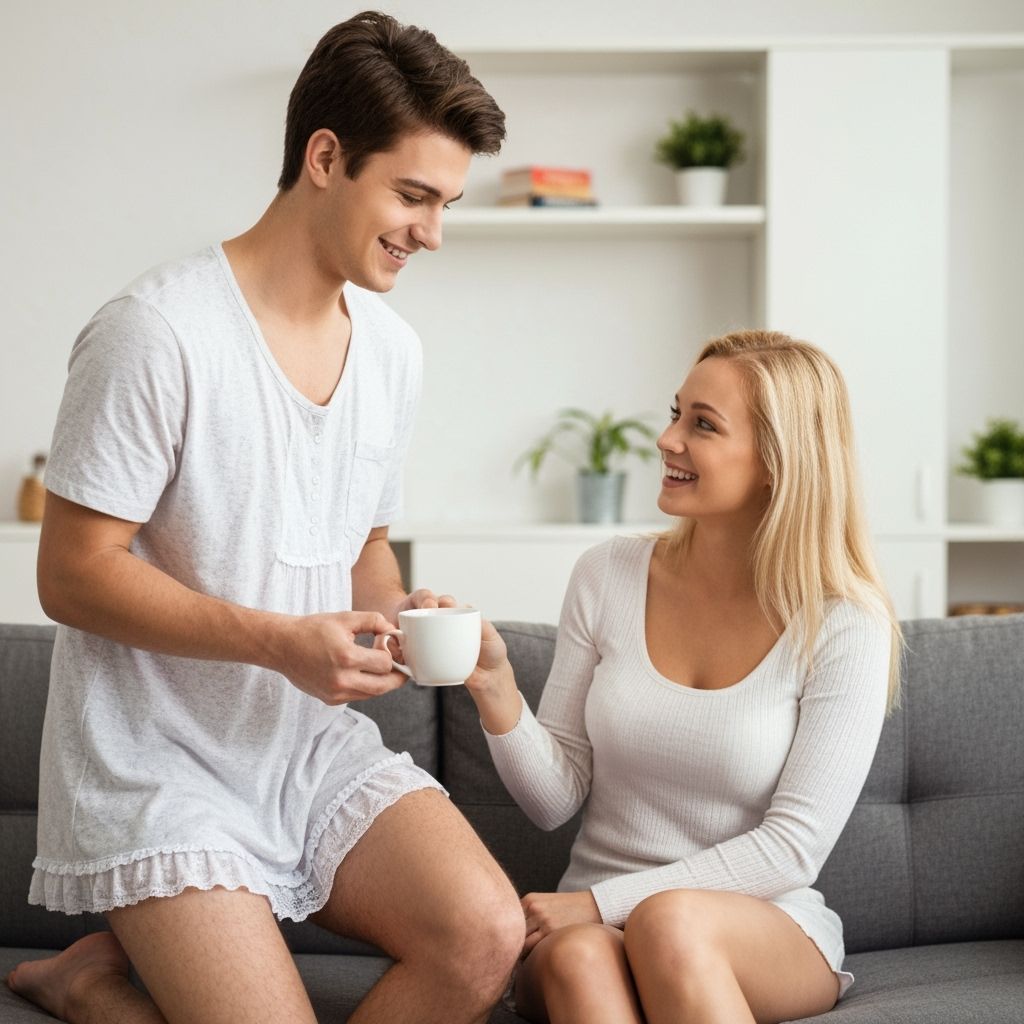 Embarrassed Young Man in 60s Nightgown Offers Tea