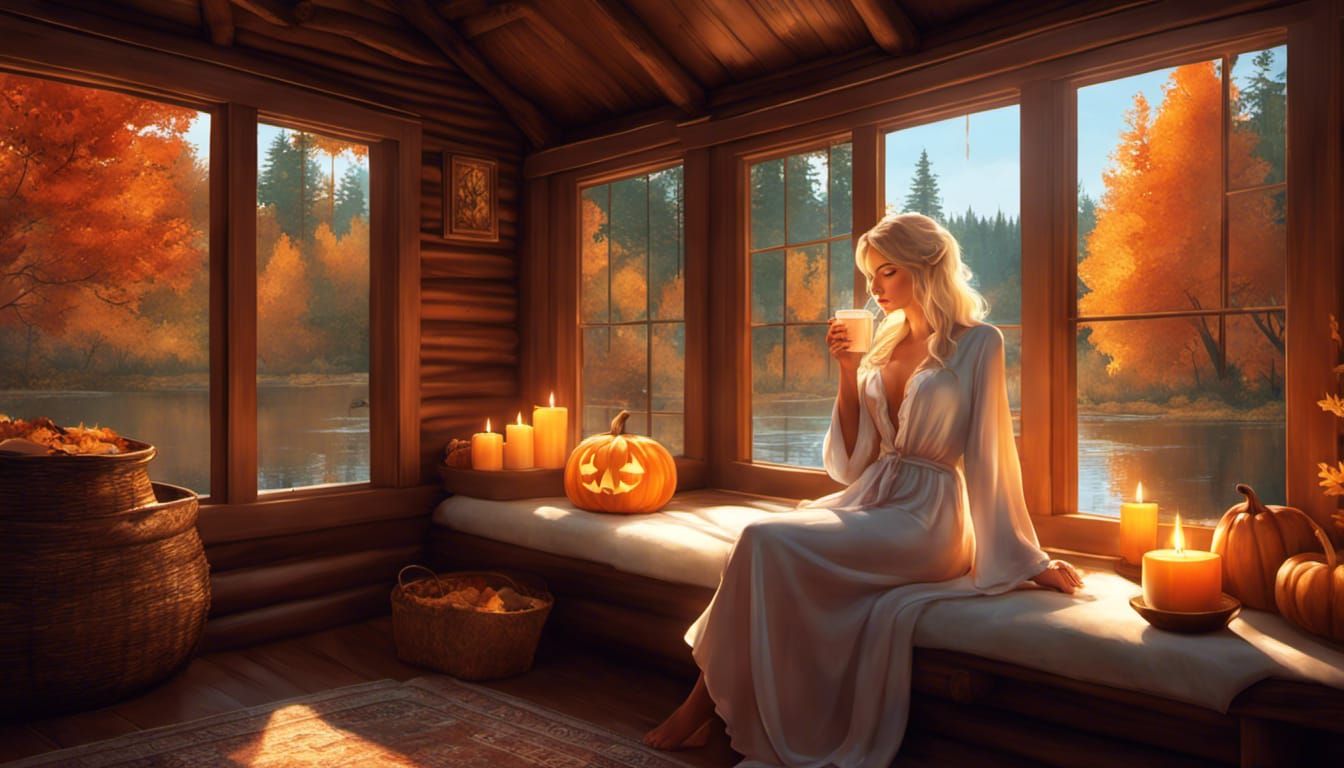 She likes to get away for Halloween , but even at the cosy cabin in the woods she still has a carved pumpkin