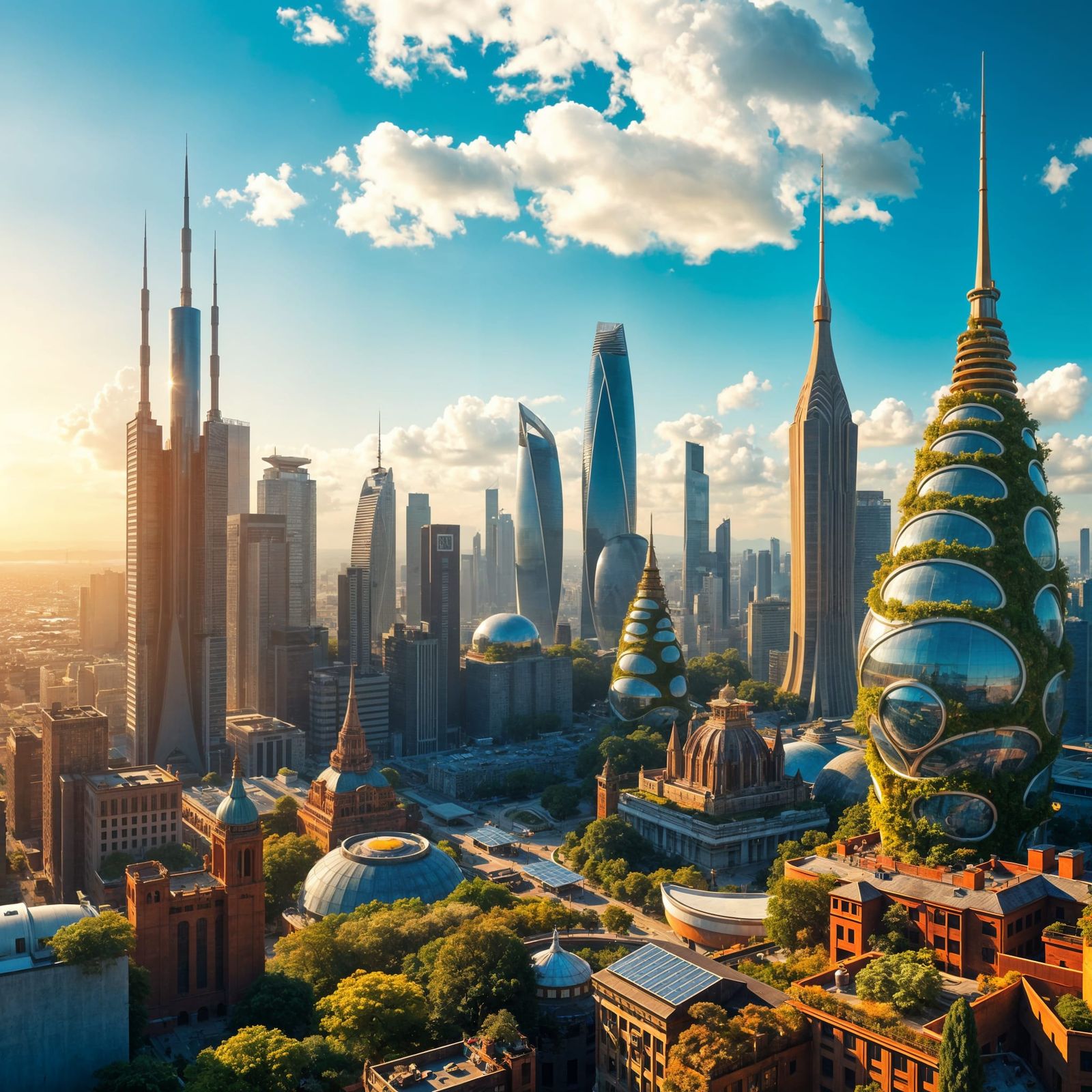 Futuristic Eco-Metropolis Under Golden Sunset