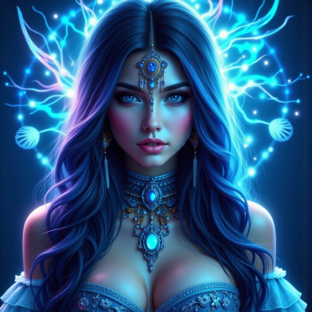 Hyperrealistic Blue-Haired Beauty in Vibrant Attire