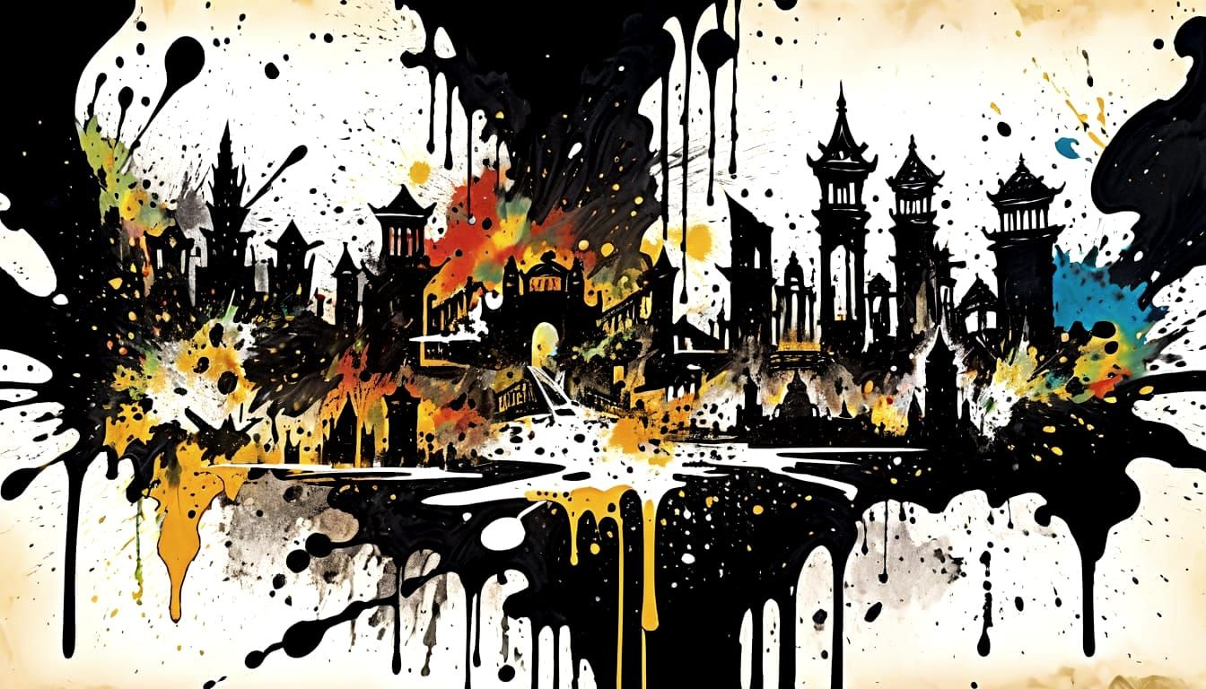 Ancient Cities Formed by Ink Splatter, Pollock Style