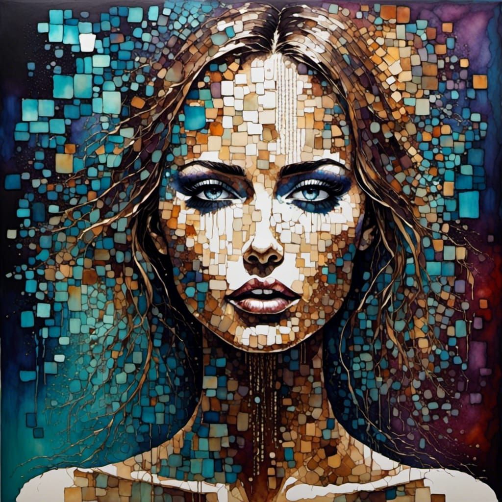 Surreal Woman Dissolving into Binary Code