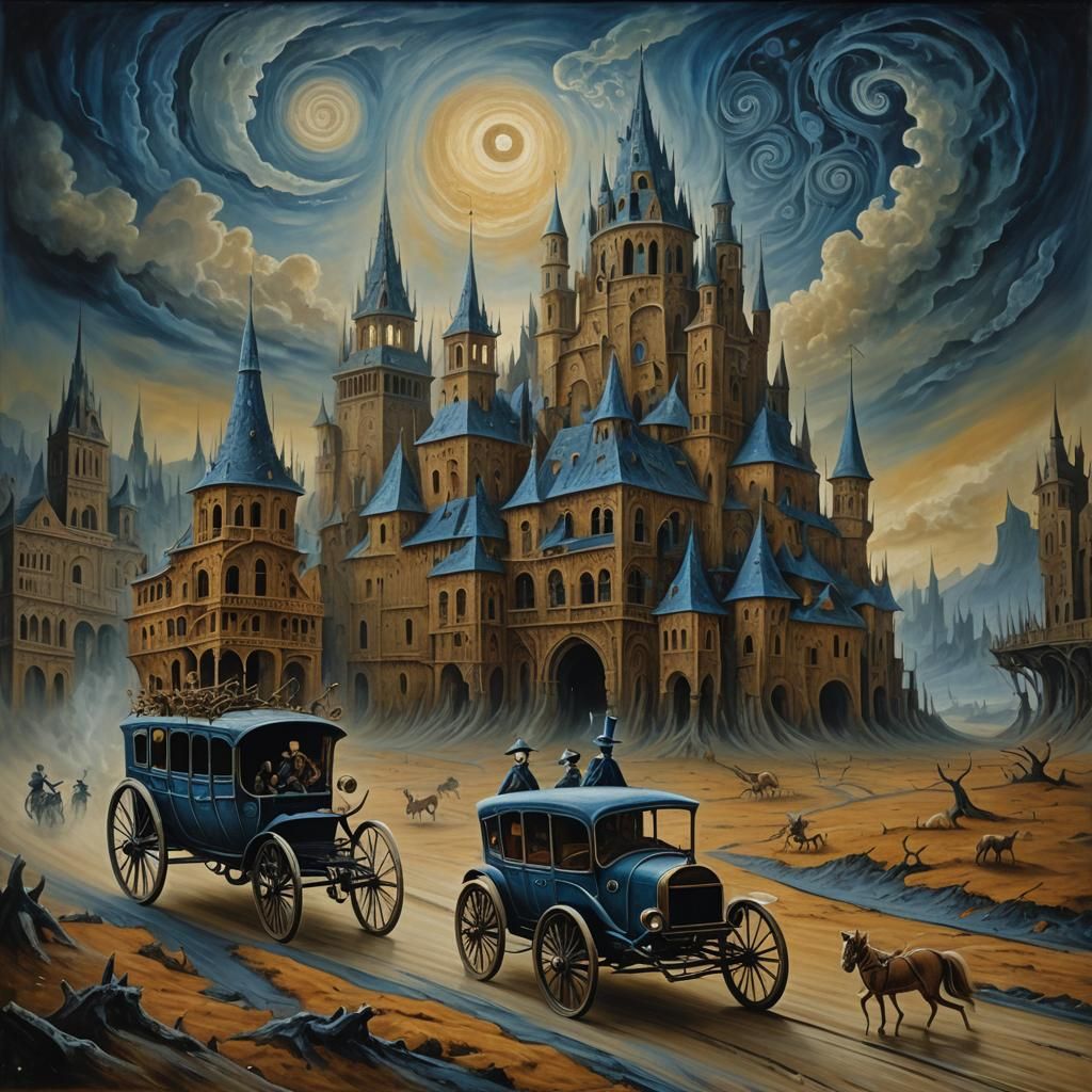 Surreal Wheeled Creatures in Plague Landscape