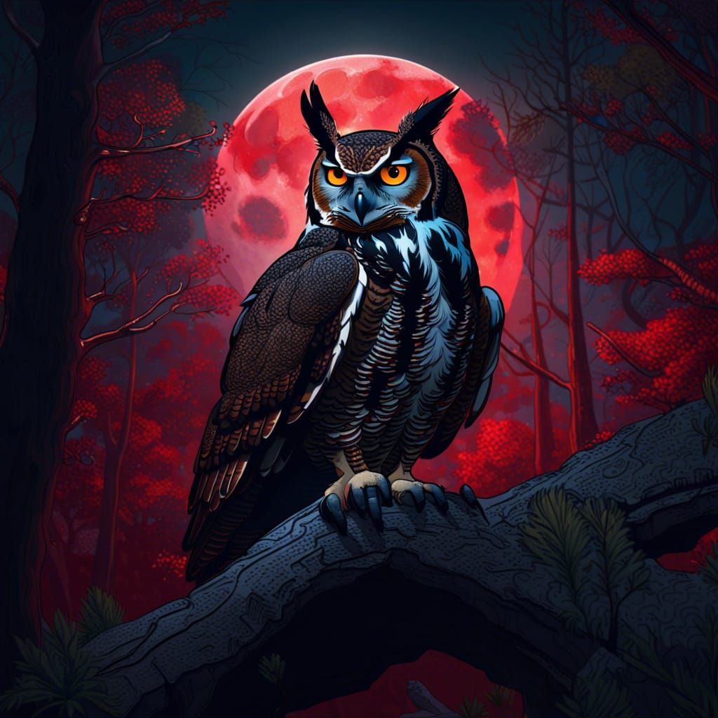 Great Horned Owl Under a Red Moon