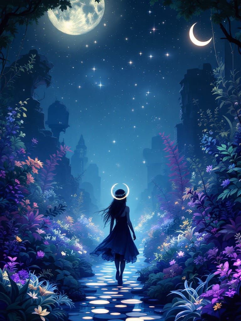 Mystical Lunarpunk Girl in Bioluminescent Garden