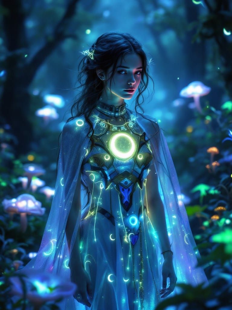Ethereal Woman in Bioluminescent Forest, Mystical Futurism