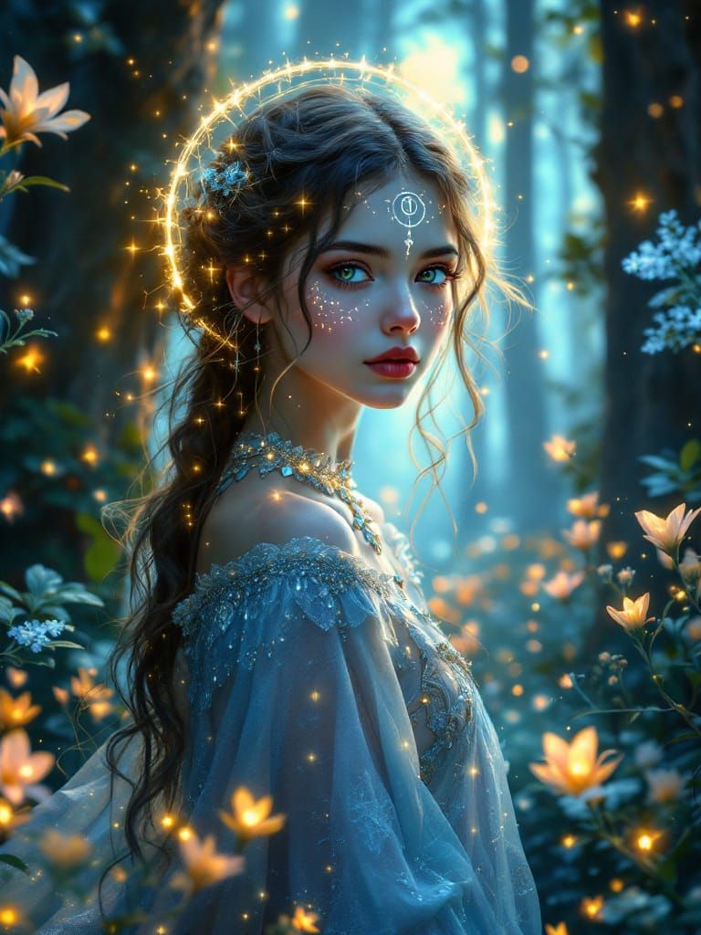 Mystical Girl in Bioluminescent Forest