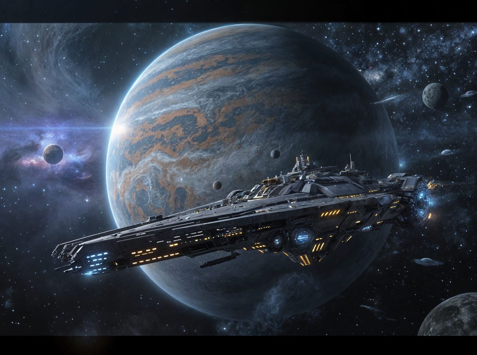 Colossal Starship in Orbit Above Gas Giant