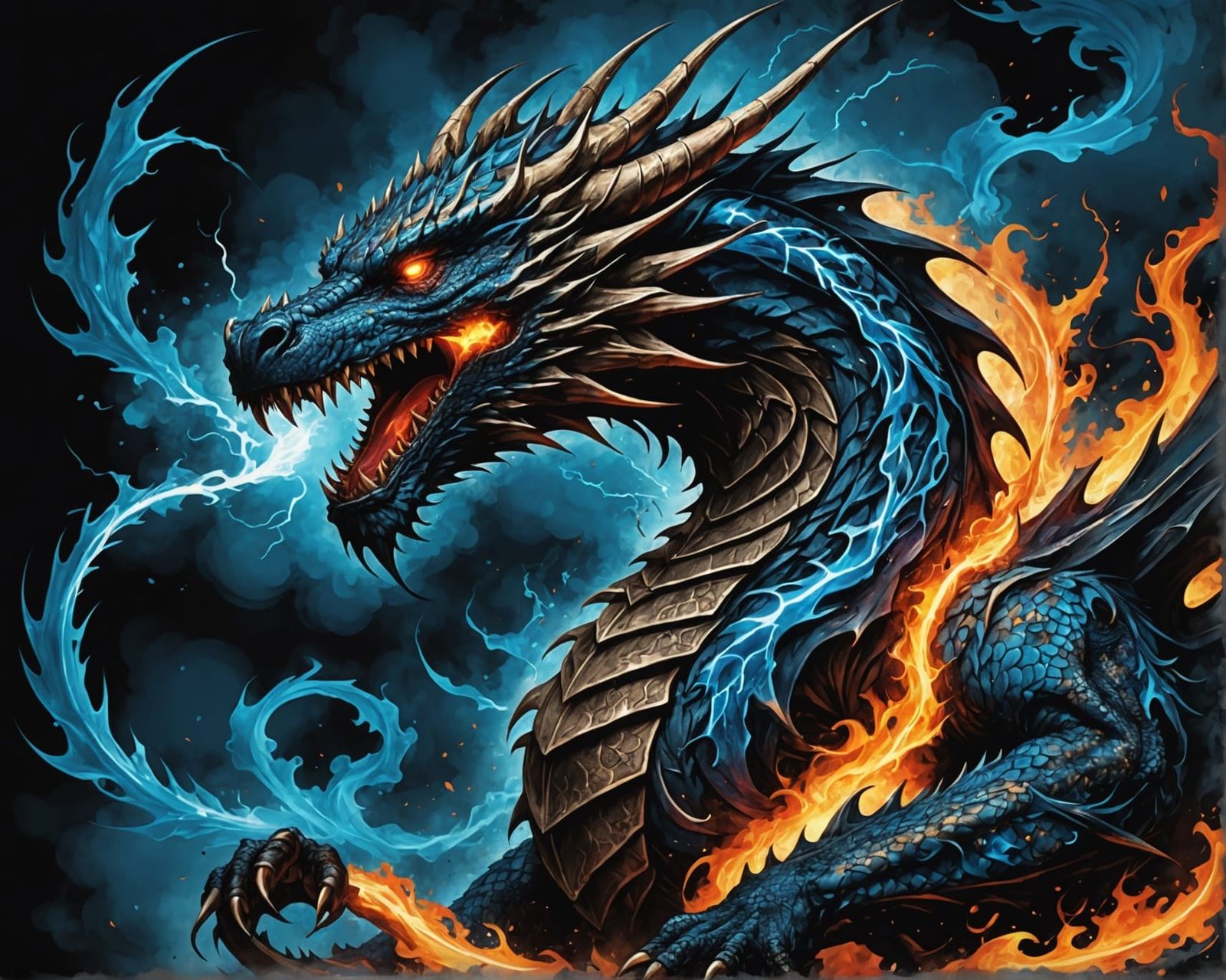 Dragon Breathing Fire in Sumi-e Ink Splatter Style